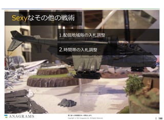 Sexyなその他の戦術
1.配信地域毎の入札調整

2.時間帯の入札調整

第三者への情報開示を一切禁止します。
Copyright © 2013 Anagrams Inc. All Rights Reserved.

｜ 188

 