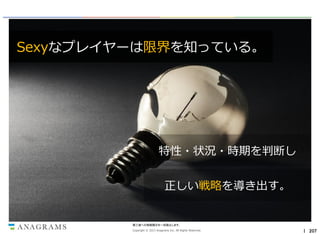 Sexyなプレイヤーは限界を知っている。

特性・状況・時期を判断し
正しい戦略を導き出す。

第三者への情報開示を一切禁止します。
Copyright © 2013 Anagrams Inc. All Rights Reserved.

｜ 207

 