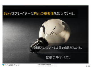 SexyなプレイヤーはPlanの重要性を知っている。

新規アカウントは3日で成果がわかる。

初動こそすべて。
第三者への情報開示を一切禁止します。
Copyright © 2013 Anagrams Inc. All Rights Reserved.

｜ 209

 