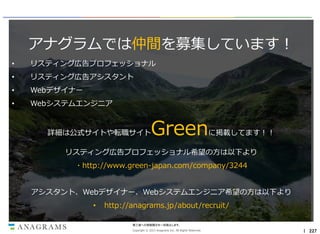 アナグラムでは仲間を募集しています！
•

リスティング広告プロフェッショナル

•

リスティング広告アシスタント

•

Webデザイナー

•

Webシステムエンジニア

Green

詳細は公式サイトや転職サイト

に掲載してます！！

リスティング広告プロフェッショナル希望の方は以下より
・http://www.green-japan.com/company/3244
アシスタント、Webデザイナー、Webシステムエンジニア希望の方は以下より
•

http://anagrams.jp/about/recruit/
第三者への情報開示を一切禁止します。
Copyright © 2013 Anagrams Inc. All Rights Reserved.

｜ 227

 