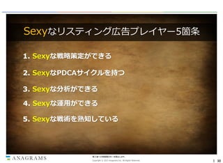 Sexyなリスティング広告プレイヤー5箇条
1. Sexyな戦略策定ができる
2. SexyなPDCAサイクルを持つ
3. Sexyな分析ができる
4. Sexyな運用ができる
5. Sexyな戦術を熟知している

第三者への情報開示を一切禁止します。
Copyright © 2013 Anagrams Inc. All Rights Reserved.

｜ 30

 
