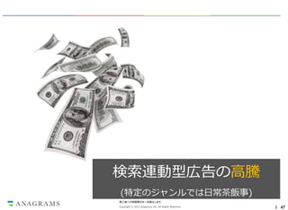 検索連動型広告の高騰
(特定のジャンルでは日常茶飯事)
第三者への情報開示を一切禁止します。
Copyright © 2013 Anagrams Inc. All Rights Reserved.

｜ 47

 