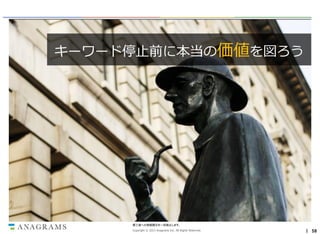 キーワード停止前に本当の価値を図ろう

セクシーなリスティング広告
プレイヤーは引き際もセクシー

第三者への情報開示を一切禁止します。
Copyright © 2013 Anagrams Inc. All Rights Reserved.

｜ 58

 