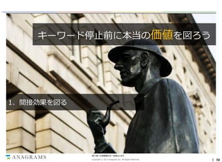 キーワード停止前に本当の価値を図ろう

セクシーなリスティング広告
プレイヤーは引き際もセクシー
1、間接効果を図る

第三者への情報開示を一切禁止します。
Copyright © 2013 Anagrams Inc. All Rights Reserved.

｜ 59

 