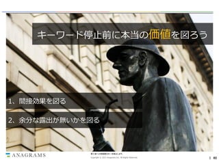 キーワード停止前に本当の価値を図ろう

セクシーなリスティング広告
プレイヤーは引き際もセクシー
1、間接効果を図る
2、余分な露出が無いかを図る

第三者への情報開示を一切禁止します。
Copyright © 2013 Anagrams Inc. All Rights Reserved.

｜ 60

 