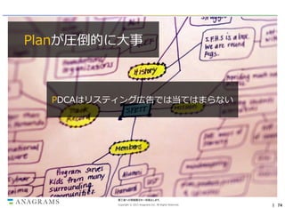 Planが圧倒的に大事

PDCAはリスティング広告では当てはまらない

第三者への情報開示を一切禁止します。
Copyright © 2013 Anagrams Inc. All Rights Reserved.

｜ 74

 