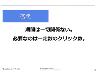 答え
期間は一切関係ない。

必要なのは一定数のクリック数。

第三者への情報開示を一切禁止します。
Copyright © 2013 Anagrams Inc. All Rights Reserved.

｜ 86

 