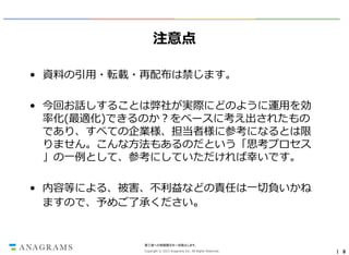 注意点
• 資料の引用・転載・再配布は禁じます。
• 今回お話しすることは弊社が実際にどのように運用を効
率化(最適化)できるのか？をベースに考え出されたもの
であり、すべての企業様、担当者様に参考になるとは限
りません。こんな方法もあるのだという「思考プロセス
」の一例として、参考にしていただければ幸いです。
• 内容等による、被害、不利益などの責任は一切負いかね
ますので、予めご了承ください。

第三者への情報開示を一切禁止します。
Copyright © 2013 Anagrams Inc. All Rights Reserved.

｜ 9

 