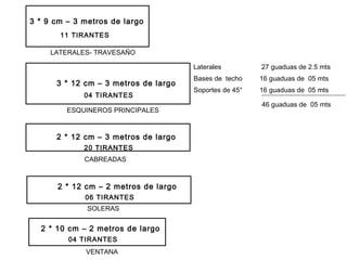 Laterales  27 guaduas de 2.5 mts Bases de  techo  16 guaduas de  05 mts Soportes de 45°  16 guaduas de  05 mts 46 guaduas de  05 mts 3 * 9 cm – 3 metros de largo 3 * 12 cm – 3 metros de largo 11 TIRANTES 04 TIRANTES 2 * 12 cm – 3 metros de largo 20 TIRANTES 2 * 12 cm – 2 metros de largo 06 TIRANTES 2 * 10 cm – 2 metros de largo 04 TIRANTES VENTANA CABREADAS SOLERAS ESQUINEROS PRINCIPALES LATERALES- TRAVESAÑO 