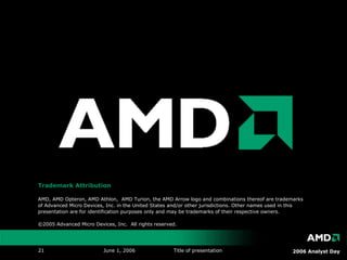 Trademark Attribution   AMD, AMD Opteron, AMD Athlon,  AMD Turion, the AMD Arrow logo and combinations thereof are trademarks of Advanced Micro Devices, Inc. in the United States and/or other jurisdictions. Other names used in this presentation are for identification purposes only and may be trademarks of their respective owners. ©2005 Advanced Micro Devices, Inc.  All rights reserved.  