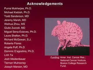 Acknowledgements
Purna Mukherjee, Ph.D.
Michael Kiebish, Ph.D.
Todd Sanderson, MD
Jeremy Marsh, MD
Weihua Zhou, MS
Giulio Zuccoli, MD
Miguel Sena-Esteves, Ph.D.
Laura Shelton, Ph.D.
Richard McGowan, S.J.
Roberto Flores
Angela Poff, Ph.D
Dominic D’agostino, Ph.D.
Linh Ta
Josh Meidenbauer
Tiernan Mulrooney
Joseph Maroon, MD
Funding: Amer. Inst. Cancer Res.,
National Cancer Institute,
Boston College Research
Fund.
 