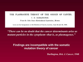 Darlington, Brit. J. Cancer, 1948
“There can be no doubt that the cancer determinants arise as
mutant particles in the cytoplasm--that is, as plasmagenes.”
Findings are incompatible with the somatic
mutation theory of cancer
 