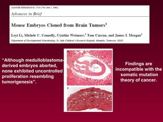 Findings are
incompatible with the
somatic mutation
theory of cancer.
“Although medulloblastoma-
derived embryos aborted,
none exhibited uncontrolled
proliferation resembling
tumorigenesis”.
 