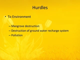 Hurdles To Environment Mangrove destruction Destruction of ground water recharge system Pollution 