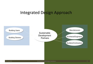 Integrated Design Approach 15 June 09 Environmental Design Solutions Sustainable  Development  Partners Building Owners Builders/Contractors Manufacturers Architects/Engineers Building Users 