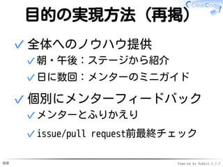 概要 Powered by Rabbit 2.1.7
目的の実現方法（再掲）
全体へのノウハウ提供
朝・午後：ステージから紹介✓
日に数回：メンターのミニガイド✓
✓
個別にメンターフィードバック
メンターとふりかえり✓
issue/pull request前最終チェック✓
✓
 