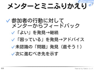 概要 Powered by Rabbit 2.1.7
メンターとミニふりかえり
参加者の行動に対して
メンターからフィードバック
「よい」を発見→継続✓
「困っている」を発見→アドバイス✓
未認識の「問題」発見（直そう！）✓
次に進むべき先を示す✓
✓
 