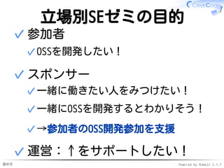 進め方 Powered by Rabbit 2.1.7
立場別SEゼミの目的
参加者
OSSを開発したい！✓
✓
スポンサー
一緒に働きたい人をみつけたい！✓
一緒にOSSを開発するとわかりそう！✓
→参加者のOSS開発参加を支援✓
✓
運営：↑をサポートしたい！✓
 