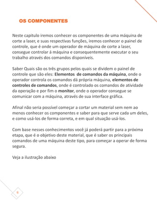 6
OS COMPONENTES
Neste capitulo iremos conhecer os componentes de uma máquina de
corte a laser, e suas respectivas funções, iremos conhecer o painel de
controle, que é onde um operador de máquina de corte a laser,
consegue controlar á máquina e consequentemente executar o seu
trabalho através dos comandos disponíveis.
Saber Quais são os três grupos pelos quais se dividem o painel de
controle que são eles: Elementos de comandos da máquina, onde o
operador controla os comandos dá própria máquina, elementos de
controles de comandos, onde é controlado os comandos de atividade
da operação e por fim o monitor, onde o operador consegue se
comunicar com a máquina, através de sua interface gráfica.
Afinal não seria possível começar a cortar um material sem nem ao
menos conhecer os componentes e saber para que serve cada um deles,
e como usá-los de forma correta, e em qual situação usá-los.
Com base nesses conhecimentos você já poderá partir para a próxima
etapa, que é o objetivo deste material, que é saber os principais
comandos de uma máquina deste tipo, para começar a operar de forma
segura.
Veja a ilustração abaixo
 