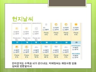 현지날씨




안타깝게도 수목금 비가 온다네요. 박혜정씨는 해당사항 없음
섭씨로 변환알아서
 