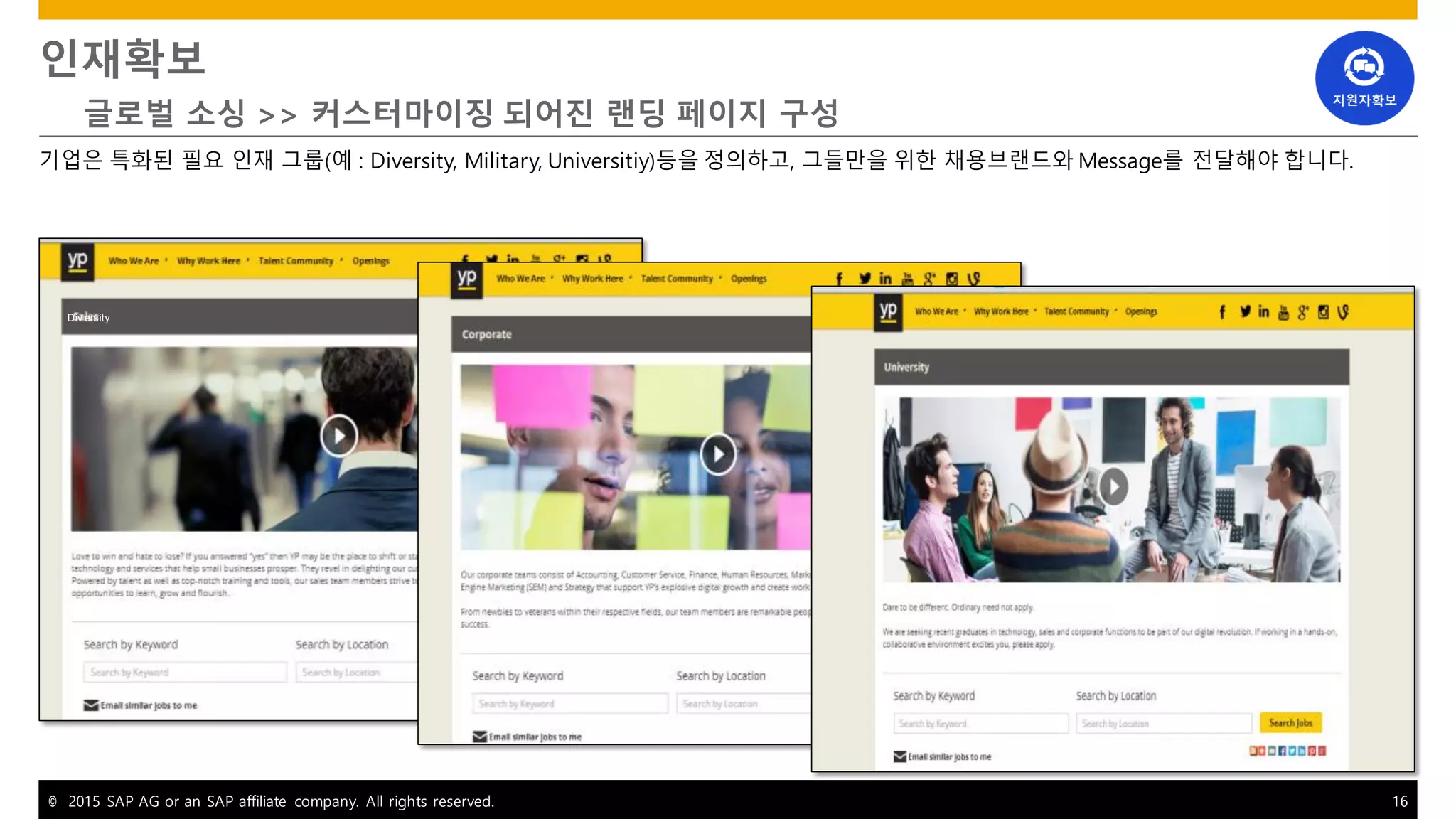 © 2015 SAP AG or an SAP affiliate company. All rights reserved. 16
인재확보
글로벌 소싱 >> 커스터마이징 되어진 랜딩 페이지 구성
기업은 특화된 필요 인재 그룹(예 : Diversity, Military, Universitiy)등을 정의하고, 그들만을 위한 채용브랜드와 Message를 전달해야 합니다.
Div ersity
 