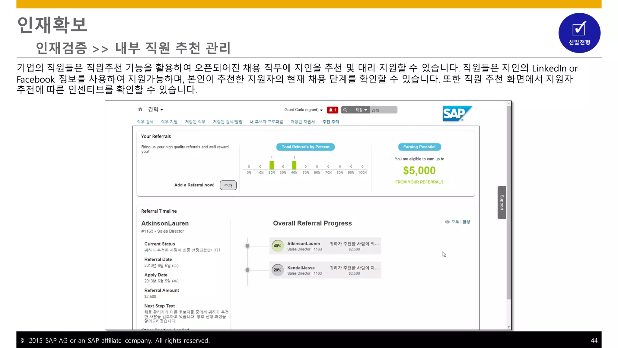 © 2015 SAP AG or an SAP affiliate company. All rights reserved. 44
인재확보
인재검증 >> 내부 직원 추천 관리
기업의 직원들은 직원추천 기능을 활용하여 오픈되어진 채용 직무에 지인을 추천 및 대리 지원할 수 있습니다. 직원들은 지인의 LinkedIn or
Facebook 정보를 사용하여 지원가능하며, 본인이 추천한 지원자의 현재 채용 단계를 확인할 수 있습니다. 또한 직원 추천 화면에서 지원자
추천에 따른 인센티브를 확인할 수 있습니다.
 