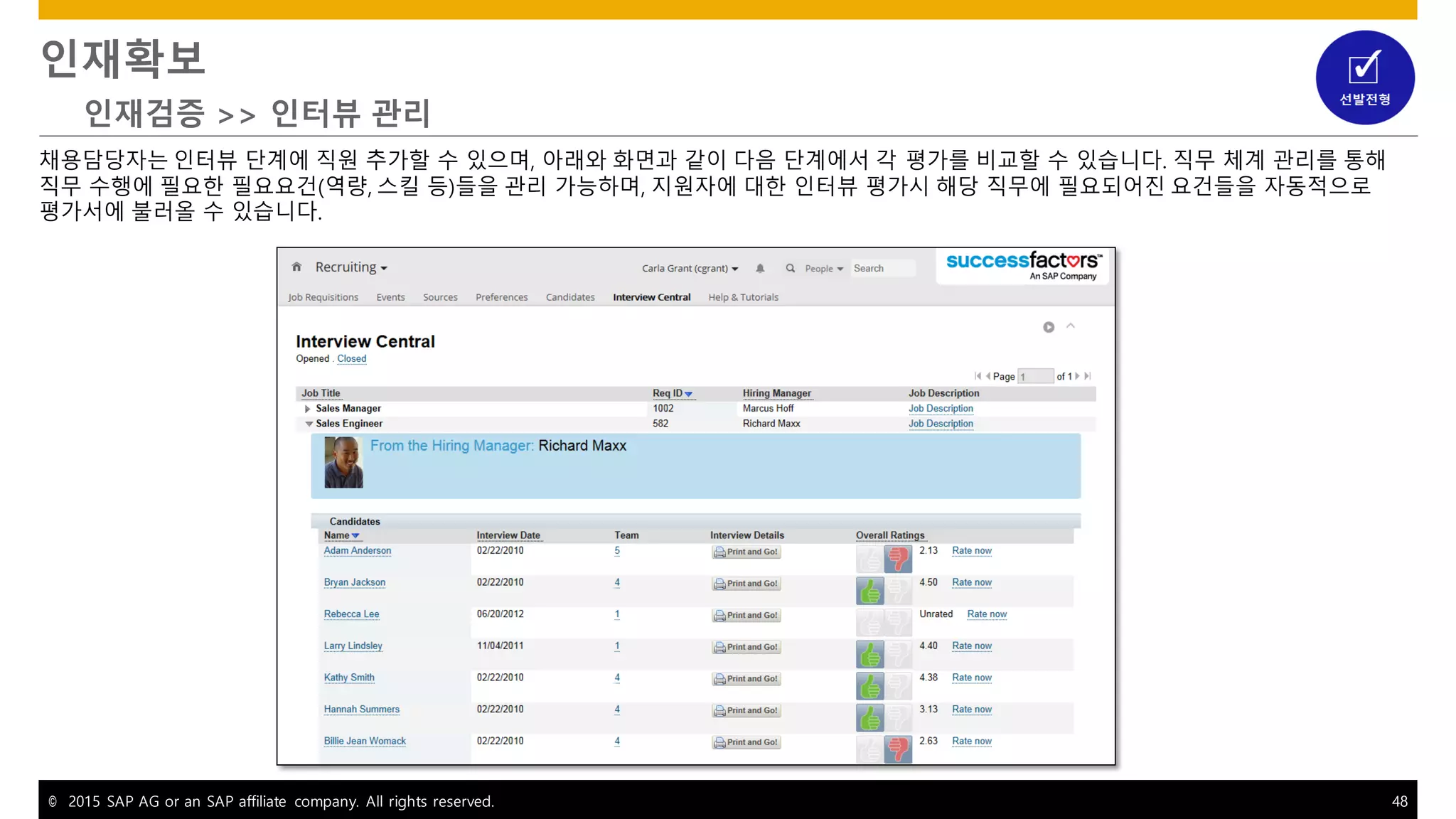 © 2015 SAP AG or an SAP affiliate company. All rights reserved. 48
인재확보
인재검증 >> 인터뷰 관리
채용담당자는 인터뷰 단계에 직원 추가할 수 있으며, 아래와 화면과 같이 다음 단계에서 각 평가를 비교할 수 있습니다. 직무 체계 관리를 통해
직무 수행에 필요한 필요요건(역량, 스킬 등)들을 관리 가능하며, 지원자에 대한 인터뷰 평가시 해당 직무에 필요되어진 요건들을 자동적으로
평가서에 불러올 수 있습니다.
 
