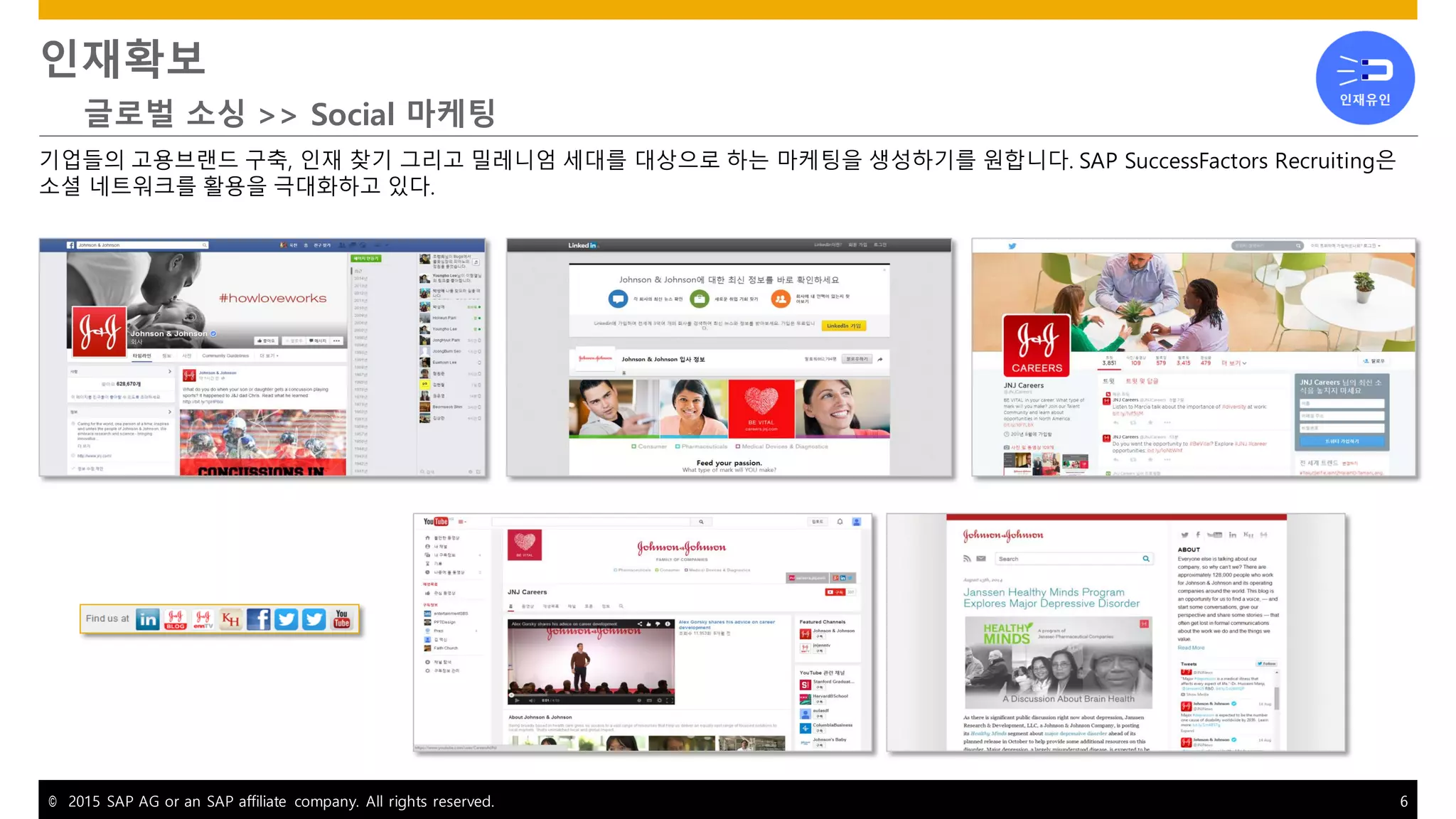 © 2015 SAP AG or an SAP affiliate company. All rights reserved. 6
인재확보
글로벌 소싱 >> Social 마케팅
기업들의 고용브랜드 구축, 인재 찾기 그리고 밀레니엄 세대를 대상으로 하는 마케팅을 생성하기를 원합니다. SAP SuccessFactors Recruiting은
소셜 네트워크를 활용을 극대화하고 있다.
 