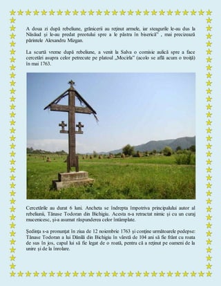 A doua zi după rebeliune, grănicerii au reţinut armele, iar steagurile le-au dus la
Năsăud şi le-au predat preotului spre a le păstra în biserică” , mai precizează
părintele Alexandru Mizgan.
La scurtă vreme după rebeliune, a venit la Salva o comisie aulică spre a face
cercetări asupra celor petrecute pe platoul „Mocirla” (acolo se află acum o troiţă)
în mai 1763.
Cercetările au durat 6 luni. Ancheta se îndrepta împotriva principalului autor al
rebeliunii, Tănase Todoran din Bichigiu. Acesta n-a retractat nimic şi cu un curaj
mucenicesc, şi-a asumat răspunderea celor întâmplate.
Şedinţa s-a pronunţat în ziua de 12 noiembrie 1763 şi conţine următoarele pedepse:
Tănase Todoran a lui Dănilă din Bichigiu în vârstă de 104 ani să fie frânt cu roata
de sus în jos, capul lui să fie legat de o roată, pentru că a reţinut pe oameni de la
unire şi de la înrolare.
 