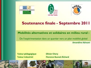 Soutenance finale - Septembre 2011

Mobilités alternatives et solidaires en milieu rural :
  De l’expérimentation dans un quartier vers un plan mobilité global
                                                     Amandine Adreani




Tuteur pédagogique         Olivier Chery
Tuteur industriel          Florence Busnot-Richard
 