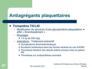 Antiagrégants plaquettaires Ticlopidine TICLID Modification de structure d’une glycoprotéine plaquettaire    effet « thrombasténiant » Posologie 1-2 cp de 250 mg/j Indications  : Traitement préventif Complications thromboemboliques Accidents ischémique dans les formes sévères en cas d’AOMI Thrombose itérative des abords artério-veineux chez le patient HD Thrombose sur endoprothèse coronaire 30 novembre 2011 Institut de Formation aux Soins Infirmiers Nîmes 