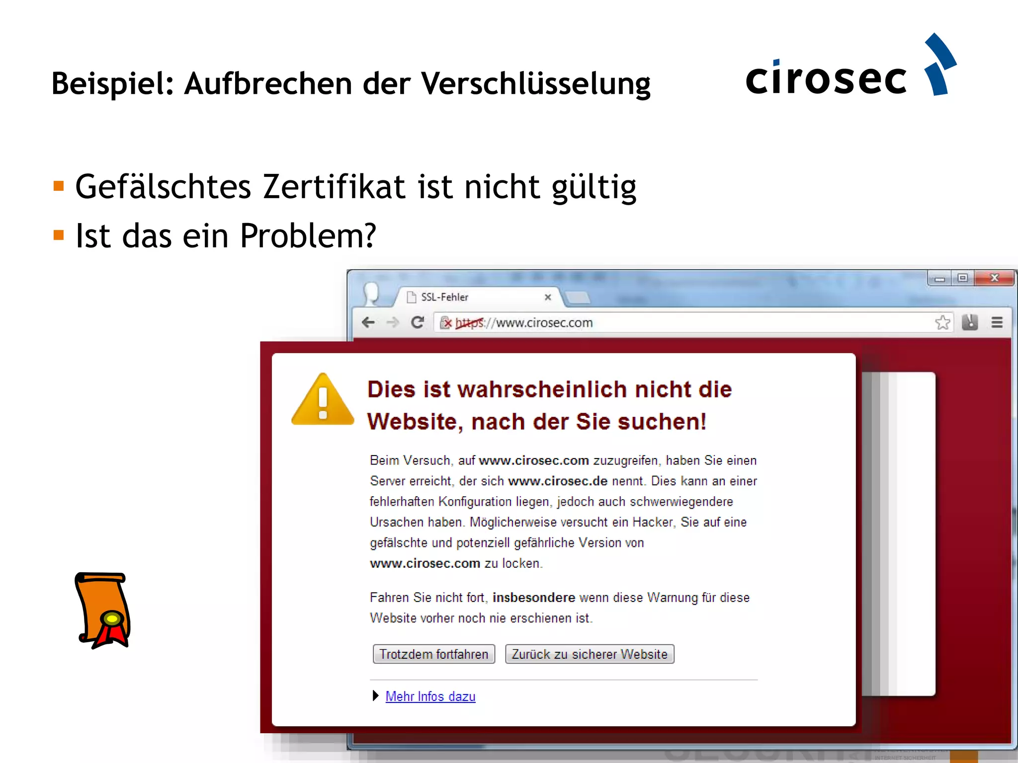 Beispiel: Aufbrechen der Verschlüsselung
41
 Gefälschtes Zertifikat ist nicht gültig
 Ist das ein Problem?
 