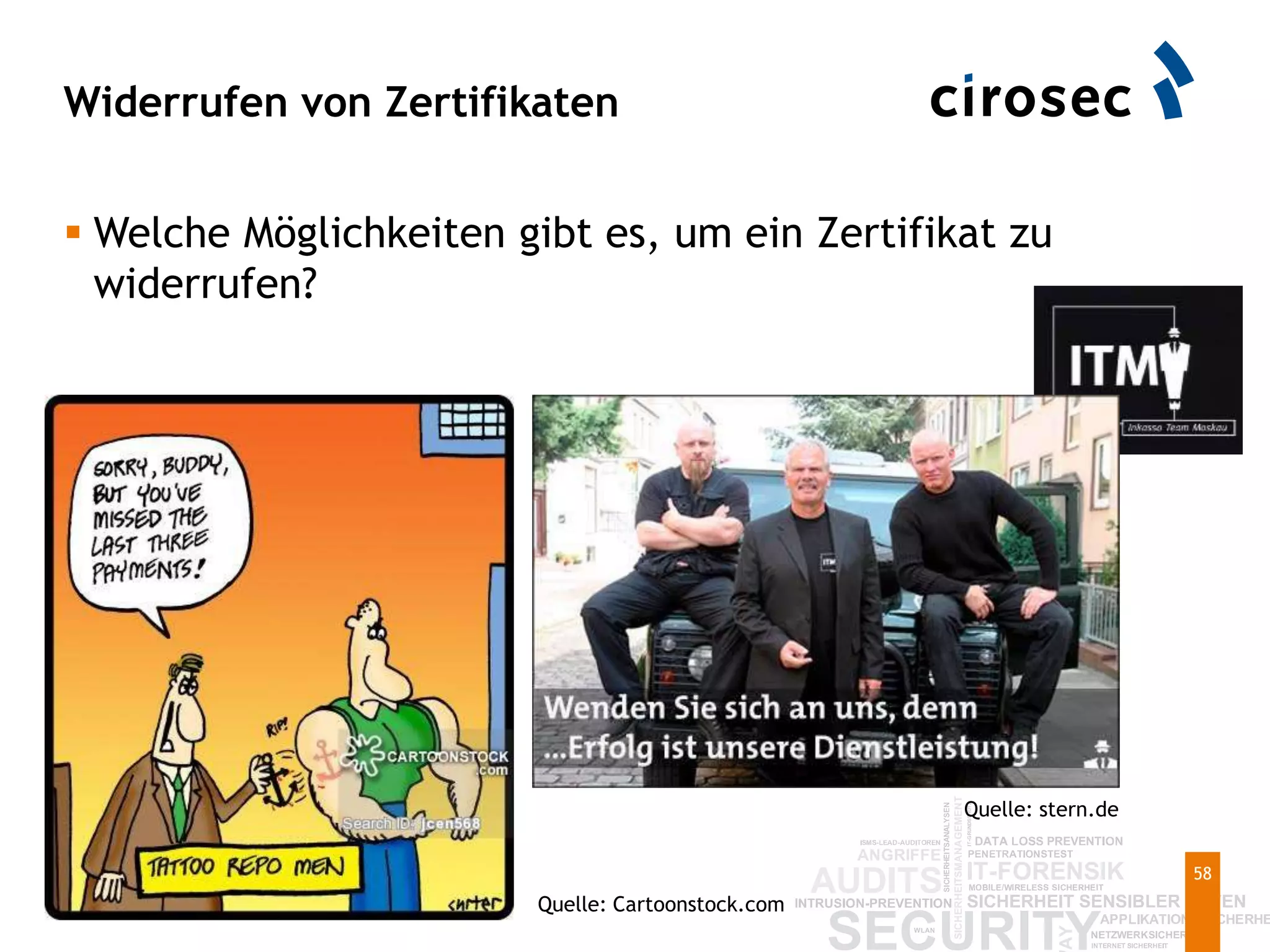 Widerrufen von Zertifikaten
58
 Welche Möglichkeiten gibt es, um ein Zertifikat zu
widerrufen?
Quelle: Cartoonstock.com
Quelle: stern.de
 