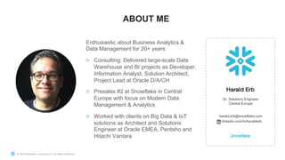 © 2020 Snowflake Computing Inc. All Rights Reserved
ABOUT ME
Sr. Solutions Engineer
Central Europe
harald.erb@snowflake.com
Llinkedin.com/in/haralderb
Enthusiastic about Business Analytics &
Data Management for 20+ years
> Consulting: Delivered large-scale Data
Warehouse and BI projects as Developer,
Information Analyst, Solution Architect,
Project Lead at Oracle D/A/CH
> Presales #2 at Snowflake in Central
Europe with focus on Modern Data
Management & Analytics
> Worked with clients on Big Data & IoT
solutions as Architect and Solutions
Engineer at Oracle EMEA, Pentaho and
Hitachi Vantara
 