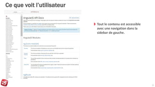 Ce que voit l’utilisateur
Tout le contenu est accessible
avec une navigation dans la
sidebar de gauche.
11
 