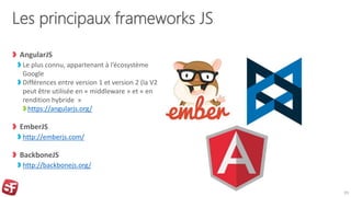 Les principaux frameworks JS
AngularJS
Le plus connu, appartenant à l’écosystème
Google
Différences entre version 1 et version 2 (la V2
peut être utilisée en « middleware » et « en
rendition hybride »
https://angularjs.org/
EmberJS
http://emberjs.com/
BackboneJS
http://backbonejs.org/
29
 