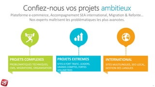 Confiez-nous vos projets ambitieux
Plateforme e-commerce, Accompagnement SEA international, Migration & Refonte…
Nos experts maîtrisent les problématiques les plus avancées.
4
PROJETS COMPLEXES
PROBLEMATIQUES TECHNIQUES,
CMS, MIGRATIONS, ORGANISATION
PROJETS EXTREMES
SITES A FORT TRAFIC, LEADERS,
GRANDS COMPTES, FORTES
VOLUMETRIES
INTERNATIONAL
SITES MULTILINGUES, SEO LOCAL,
GESTION DES LANGUES
 