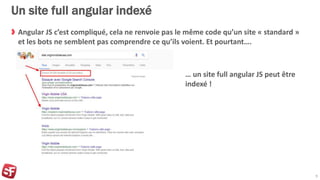Un site full angular indexé
Angular JS c’est compliqué, cela ne renvoie pas le même code qu’un site « standard »
et les bo...