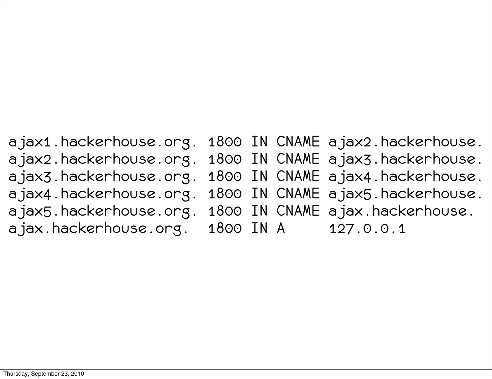 ajax1.hackerhouse.org.        1800   IN   CNAME   ajax2.hackerhouse.
 ajax2.hackerhouse.org.        1800   IN   CNAME   ajax3.hackerhouse.
 ajax3.hackerhouse.org.        1800   IN   CNAME   ajax4.hackerhouse.
 ajax4.hackerhouse.org.        1800   IN   CNAME   ajax5.hackerhouse.
 ajax5.hackerhouse.org.        1800   IN   CNAME   ajax.hackerhouse.
 ajax.hackerhouse.org.         1800   IN   A       127.0.0.1




Thursday, September 23, 2010
 