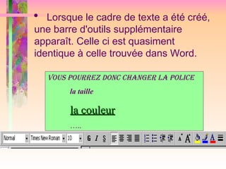  Lorsque le cadre de texte a été créé,
une barre d'outils supplémentaire
apparaît. Celle ci est quasiment
identique à celle trouvée dans Word.
Vous pourrez donc changer la police
la taille
la couleur
la couleur
…..
 