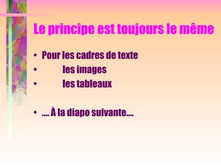 Le principe est toujours le même
• Pour les cadres de texte
• les images
• les tableaux
• …. À la diapo suivante….
 