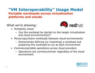 “VM Interoperability” Usage Model
     Portable workloads across virtualization
     platforms and clouds

 What we’re showing:
      •  Portability check
          –  Can the workload be started on the target virtualization
             and cloud environment(s)?
      •  Move/copy/share workloads between cloud environments
          –  Demonstrate defining (or importing) a workload and
             preparing this workload to run at each environment
      •  Common/portable operations across cloud providers
          –  Operations are common/similar regardless of the cloud
             environment




19
 