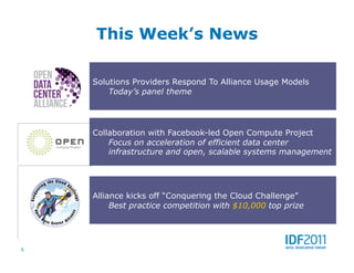 This Week’s News

    Solutions Providers Respond To Alliance Usage Models
        Today’s panel theme




    Collaboration with Facebook-led Open Compute Project
        Focus on acceleration of efficient data center
        infrastructure and open, scalable systems management




    Alliance kicks off “Conquering the Cloud Challenge”
         Best practice competition with $10,000 top prize




6
 