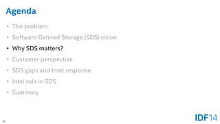 10 
Agenda 
•The problem 
•Software Defined Storage (SDS) vision 
•Why SDS matters? 
•Customer perspective 
•SDS gaps and Intel response 
•Intel role in SDS 
•Summary  
