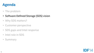 6 
Agenda 
•The problem 
•Software Defined Storage (SDS) vision 
•Why SDS matters? 
•Customer perspective 
•SDS gaps and Intel response 
•Intel role in SDS 
•Summary  