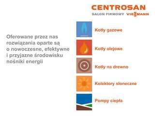 Oferowane przez nas rozwiązania oparte są  o nowoczesne, efektywne i przyjazne środowisku nośniki energii Kotły gazowe Kotły olejowe Kotły na drewno Kolektory słoneczne Pompy ciepła 