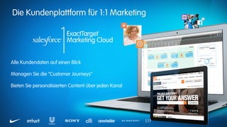 Die Kundenplattform für 1:1 Marketing
Alle Kundendaten auf einen Blick
Managen Sie die “Customer Journeys”
Bieten Sie personalisierten Content über jeden Kanal
 