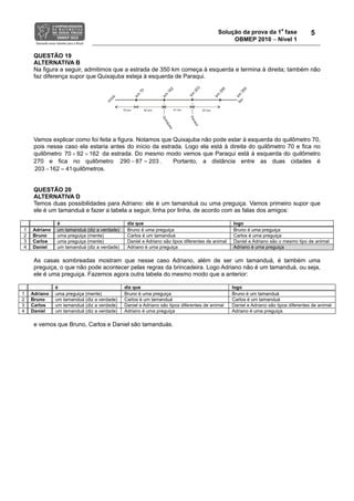 Solução da prova da 1a
fase
OBMEP 2010 − Nível 1
5
QUESTÃO 19
ALTERNATIVA B
Na figura a seguir, admitimos que a estrada de 350 km começa à esquerda e termina à direita; também não
faz diferença supor que Quixajuba esteja à esquerda de Paraqui.
Vamos explicar como foi feita a figura. Notamos que Quixajuba não pode estar à esquerda do quilômetro 70,
pois nesse caso ela estaria antes do início da estrada. Logo ela está à direita do quilômetro 70 e fica no
quilômetro 70 92 162+ = da estrada. Do mesmo modo vemos que Paraqui está à esquerda do quilômetro
270 e fica no quilômetro 290 87 203− = . Portanto, a distância entre as duas cidades é
203 162 41− = quilômetros.
QUESTÃO 20
ALTERNATIVA D
Temos duas possibilidades para Adriano: ele é um tamanduá ou uma preguiça. Vamos primeiro supor que
ele é um tamanduá e fazer a tabela a seguir, linha por linha, de acordo com as falas dos amigos:
é diz que logo
1 Adriano um tamanduá (diz a verdade) Bruno é uma preguiça Bruno é uma preguiça
2 Bruno uma preguiça (mente) Carlos é um tamanduá Carlos é uma preguiça
3 Carlos uma preguiça (mente) Daniel e Adriano são tipos diferentes de animal Daniel e Adriano são o mesmo tipo de animal
4 Daniel um tamanduá (diz a verdade) Adriano é uma preguiça Adriano é uma preguiça
As casas sombreadas mostram que nesse caso Adriano, além de ser um tamanduá, é também uma
preguiça, o que não pode acontecer pelas regras da brincadeira. Logo Adriano não é um tamanduá, ou seja,
ele é uma preguiça. Fazemos agora outra tabela do mesmo modo que a anterior:
é diz que logo
1 Adriano uma preguiça (mente) Bruno é uma preguiça Bruno é um tamanduá
2 Bruno um tamanduá (diz a verdade) Carlos é um tamanduá Carlos é um tamanduá
3 Carlos um tamanduá (diz a verdade) Daniel e Adriano são tipos diferentes de animal Daniel e Adriano são tipos diferentes de animal
4 Daniel um tamanduá (diz a verdade) Adriano é uma preguiça Adriano é uma preguiça
e vemos que Bruno, Carlos e Daniel são tamanduás.
 