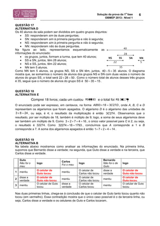 Solução da prova da 1a fase 
OBMEP 2013− Nível 1 
6 
QUESTÃO 17 
ALTERNATIVA D 
Os 40 alunos da sala podem ser divididos em quatro grupos disjuntos: 
• SS: responderam sim às duas perguntas; 
• SN: responderam sim à primeira pergunta e não à segunda; 
• NS: responderam sim à primeira pergunta e não à segunda; 
• NN: responderam não às duas perguntas. 
Na figura ao lado, representamos esquematicamente as 
informações do enunciado: 
• os grupos, juntos, formam a turma, que tem 40 alunos; 
• SS e SN, juntos, têm 28 alunos; 
• NS e SS, juntos, têm 22 alunos; 
• NN tem 5 alunos. 
Como NN tem 5 alunos, os grupos NS, SS e SN têm, juntos, alunos. O diagrama 
mostra que, se somarmos o número de alunos dos grupos NS e SN com duas vezes o número de 
alunos do grupo SS, o total será . Como o número total de alunos desses três grupos 
é 35, segue que o número de alunos do grupo SS é . 
QUESTÃO 18 
ALTERNATIVA E 
40 ! 5 = 35 
22 + 28 = 50 
50 ! 35 = 15 
AB93 ×18 = 3C27D 
O enunciado pode ser expresso, em centavos, na forma , onde A, B, C e D 
representam os algarismos que foram apagados. O algarismo D é o algarismo das unidades de 
3 × 8 = 24 3C274 
, ou seja, é 4; o resultado da multiplicação é então . Observamos que o 
resultado, por ser múltiplo de 18, também é múltiplo de 9; logo, a soma de seus algarismos deve 
ser também um múltiplo de 9. Como 3 + 2 + 7 + 4 = 16 
, o único valor possível para C é 2, ou seja, 
o resultado é 32274. Como 32274 ÷18 = 1793 
, concluímos que A corresponde a 1 e B 
corresponde a 7. A soma dos algarismos apagados é então . 
1+ 7 + 2 + 4 = 14 
QUESTÃO 19 
ALTERNATIVA B 
Na tabela abaixo mostramos como analisar as informações do enunciado. Na primeira linha, 
supomos que Bernardo disse a verdade; na segunda, que Guto disse a verdade e na terceira, que 
Carlos disse a verdade. 
Guto 
Não foi o 
meu 
logo Carlos 
Foi o meu logo 
Bernardo 
Não foi o de 
Guto 
logo 
1 mentiu O celular de 
Guto tocou mentiu O celular de 
Carlos não tocou 
disse a 
verdade 
O celular de 
Guto não tocou 
2 disse a 
verdade 
O celular de 
Guto não tocou mentiu O celular de 
Carlos não tocou mentiu O celular de 
Guto tocou 
3 mentiu O celular de Guto 
tocou 
disse a 
verdade 
O celular de 
Carlos tocou mentiu O celular de Guto 
tocou 
Nas duas primeiras linhas, chega-se à conclusão de que o celular de Guto tanto tocou quanto não 
tocou (em vermelho). Essa contradição mostra que o único caso possível é o da terceira linha, ou 
seja, Carlos disse a verdade e os celulares de Guto e Carlos tocaram. 
 