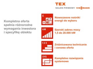 Nowoczesne nośniki energii do wyboruKompletna oferta spełnia różnorodne wymagania inwestorai specyfikę obiektuSzeroki zakres mocy1,5 do 20.000 kWZróżnicowana techniczniei cenowo ofertaKompletne rozwiązania systemowe